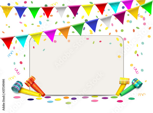Blanko Karte mit Konfetti, Tröten und Girlande, Karte für Geburtstag, Fasching, Karneval uvm. Vektor Illustration isoliert auf weißem Hintergrund