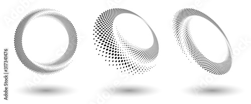 Halftone circle frame, abstract dots logo emblem design element for any project. Round border icon or backgroud. Abstract dotted halftone vector with differents perspective