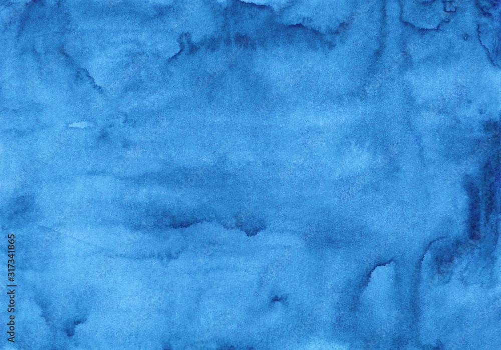 Naklejka premium Watercolor watery blue background texture. Hand painted watercolour backdrop. Sky blue stains on paper.