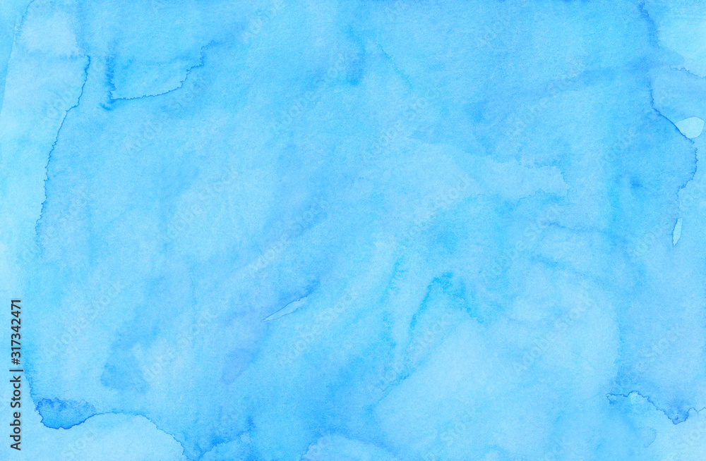 Watercolor light blue lagoon color background painting. Watercolour bright sky blue stains on paper. Artistic backdrop.