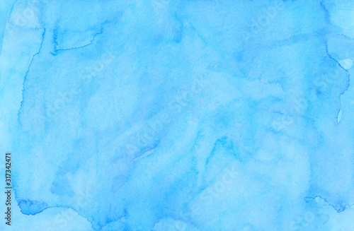 Watercolor light blue lagoon color background painting. Watercolour bright sky blue stains on paper. Artistic backdrop.