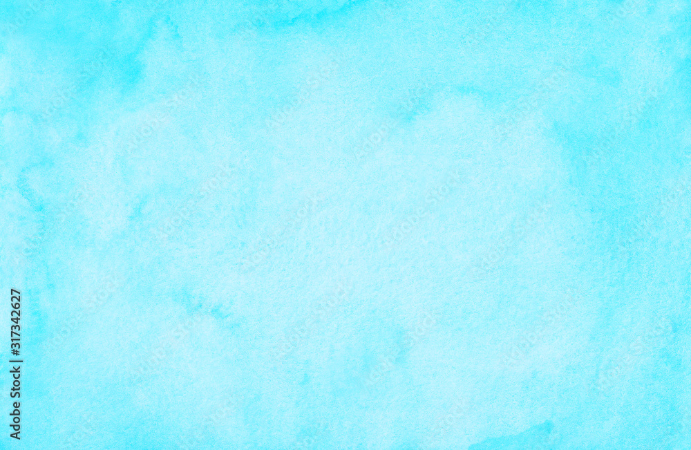 Watercolor pastel cyan blue background painting. Watercolour bright sky blue stains on paper. Artistic frame backdrop.