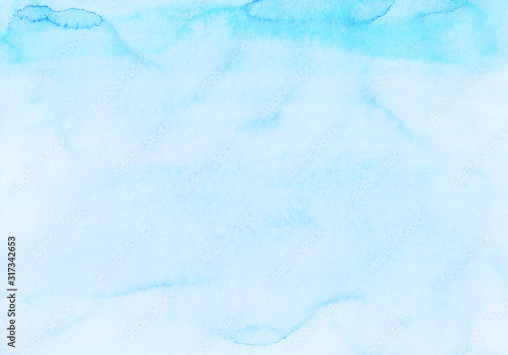 Watercolor light cyan blue and white background painting. Watercolour bright sky blue stains on paper. Artistic backdrop.