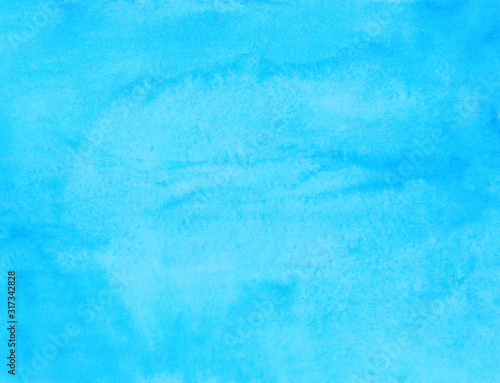 Watercolor light blue background texture. Watercolour bright sky blue stains on paper. 