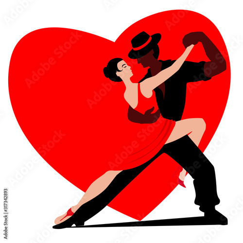 Beautiful couple dancing a tango on a red heart background. A woman in a red dress and a man in a black suit and hat. Vector illustration in a flat style in red and black.