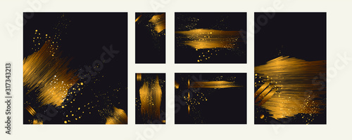 Elegant creative card templates set. Collection of romantic invitations with gold abstraction background line color