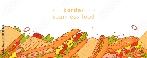 Cartoon colorful seamless pattern of appetizing sandwichs. For textile, wrapping paper, banners, background, wallpaper.