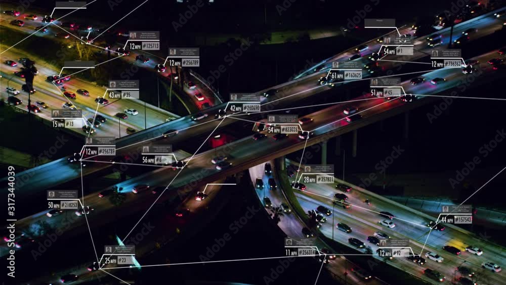 Surveillance system. Aerial view of traffic on a major highway. Connected network. Identity and speed control system. Future transportation. Artificial intelligence. Computer vision. RED weapon 8K. Surveillance system. Aerial view of traffic on a major highway. Connected network. Identity and speed control system. Future transportation. Artificial intelligence. Computer vision. RED weapon 8K.