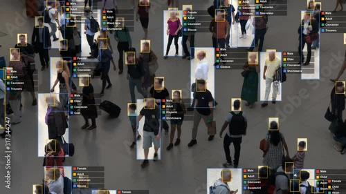 Crowded building with commuters walking. Artificial intelligence and facial recognition are used for surveillance purposes. Individual data showing sex, race and clothing. Deep learning. Futuristic. photo