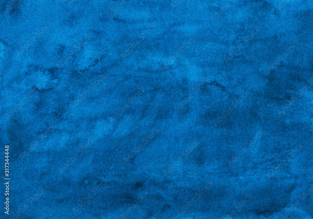 Watercolor deep blue watery background texture. Hand painted watercolour backdrop. Stains on paper. 