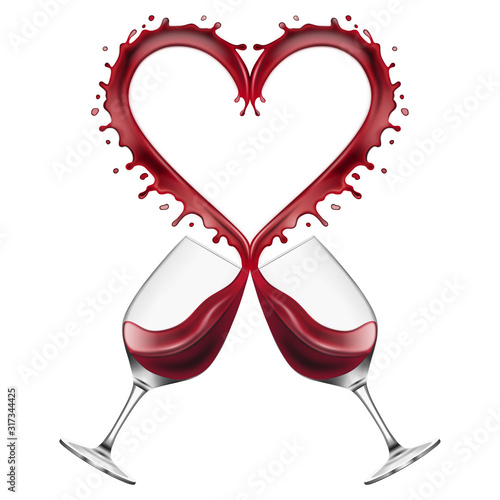 red wine glasses toast with heart shaped splash