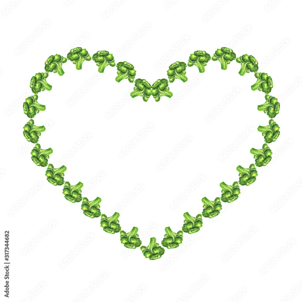 Bright watercolor heart frame of broccoli. Hand-drawn illustration on a white background, isolated. Vegetarian and vegan food frame and heart shape Bright watercolor heart frame of broccoli. Hand-drawn illustration on a white background, isolated. Vegetarian and vegan food frame and heart shape