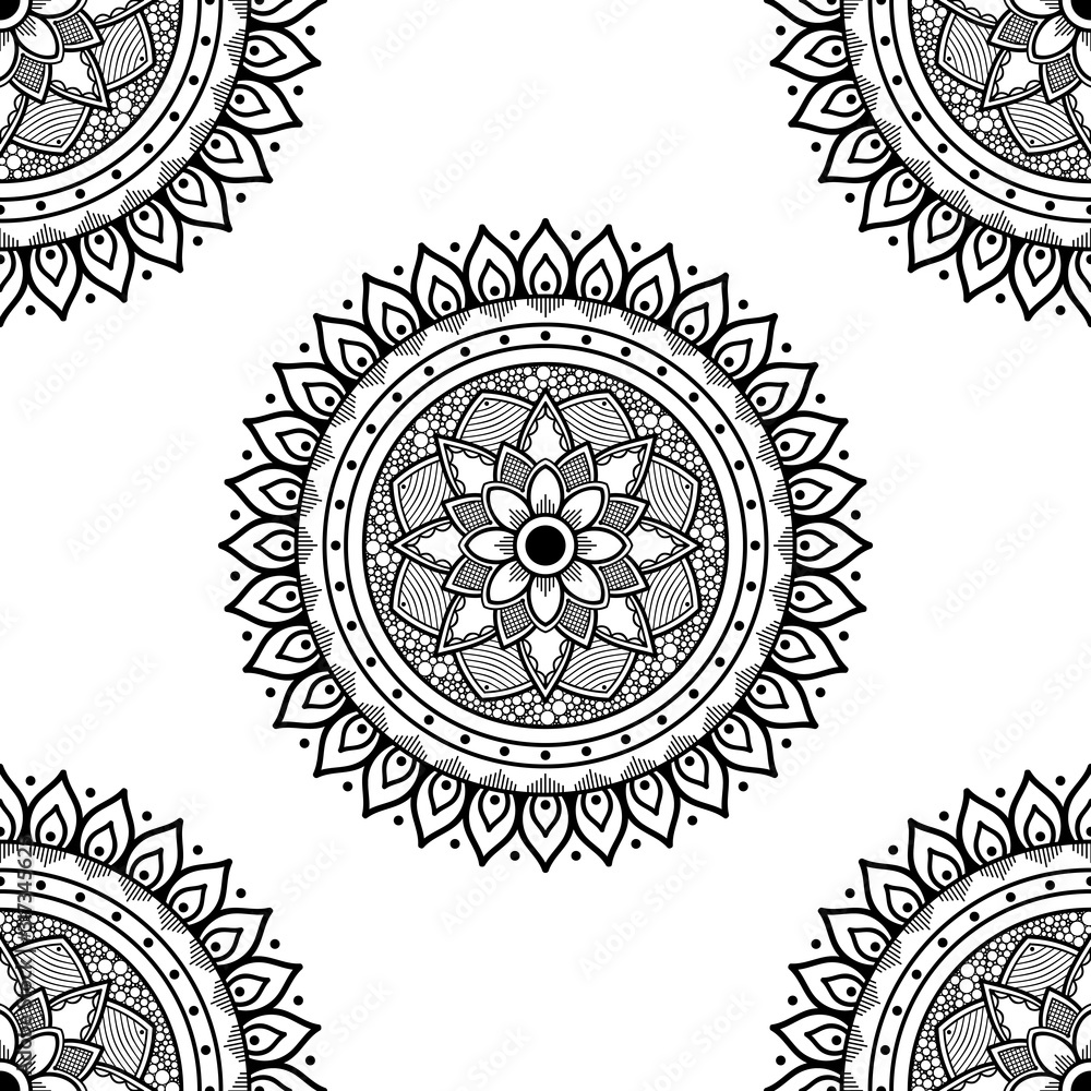 Mandala seamless pattern black and white. Islam, Arabic, Pakistan, Moroccan, Turkish, Indian, Spain motifs. Vector illustration EPS 10 Mandala seamless pattern black and white. Islam, Arabic, Pakistan, Moroccan, Turkish, Indian, Spain motifs. Vector illustration EPS 10