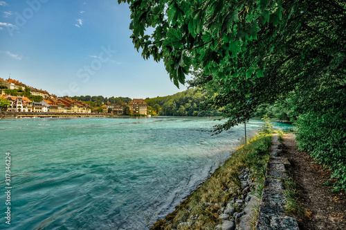 Bern, Switzerland - July 26, 2019: Panoramic view at sunny summer day. Aare river near Schwellenmatteli sport complex city Park