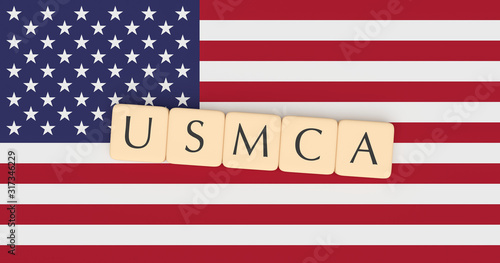 United States-Mexico-Canada Agreement: Letter Tiles USMCA On US Flag, 3d illustration