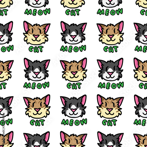 Cute tabby cat and paw print seamless vector pattern. Hand drawn kawaii pet kitten with meow text background. Adorable feline face with paw pads home decor. Fur, pussycat all over print.