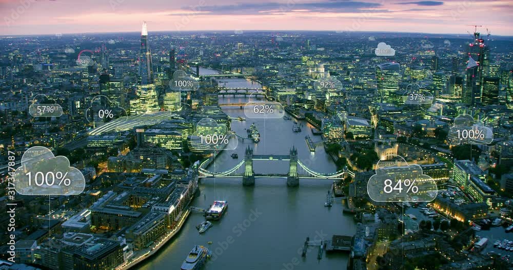 Futuristic aerial view of London. Smart city. Network connections and cloud computing icons with percentages. Technology concept, data communication, artificial intelligence, internet of things. RED8K