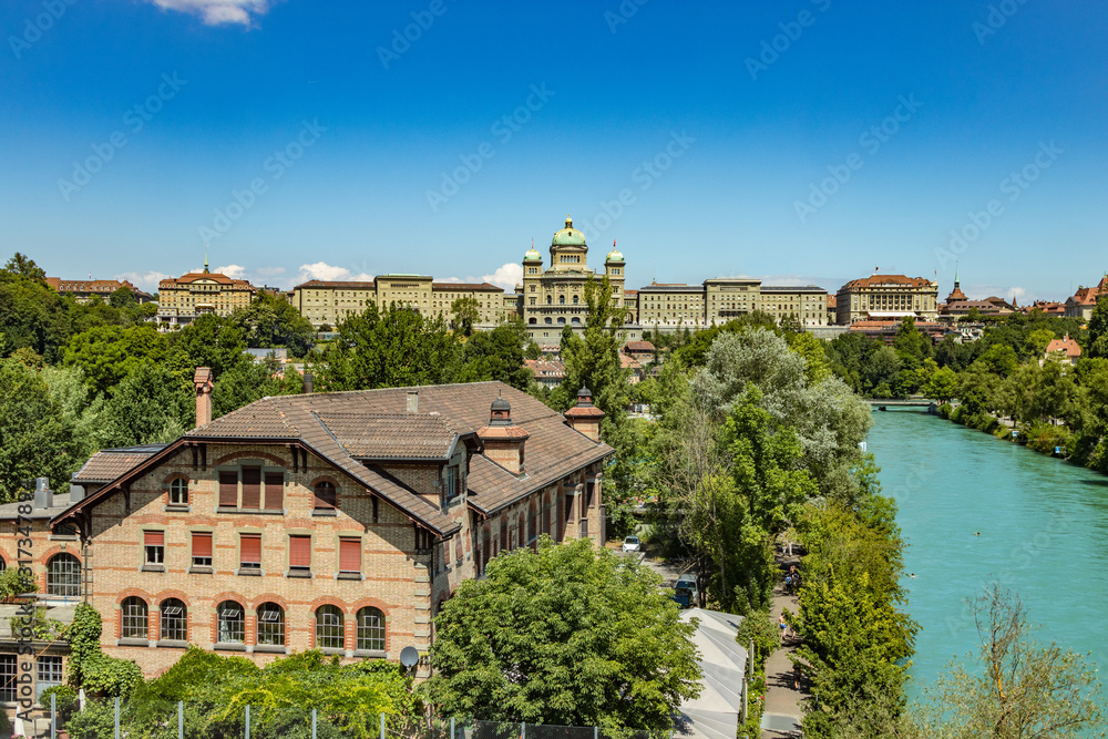 Bern, Switzerland - July 30, 2019: Panoramic view at sunny summer day