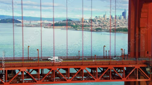 Aerial view of the Golden Gate Bridge. San Francisco, US. This suspension bridge is one of the most iconic landmarks of California. It connects the San Francisco peninsula to Marin County. Red 8K. photo