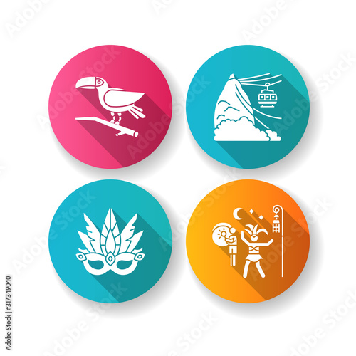 Brazilian carnival flat design long shadow glyph icons set. Traditional masquerade. Street party. Masquerade mask. Pão de Açúcar. Toucan. Ropeway. National festival. Silhouette RGB color illustration photo