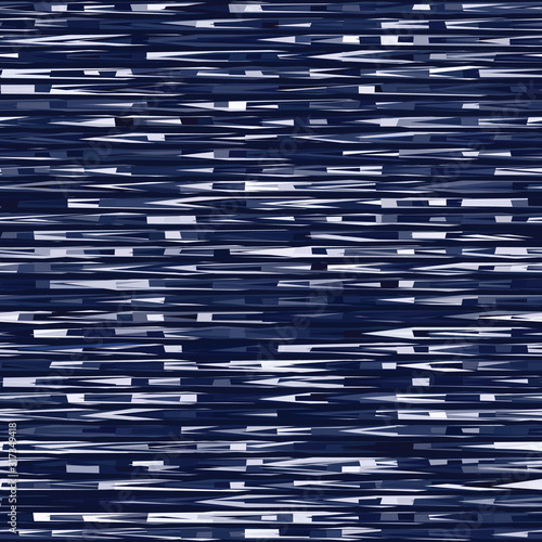 Indigo blue glitch stripe effect texture background. Seamless japanese geo repeat pattern swatch. Geometric broken horizontal line distressed decor.  Masculine asian fusion all over textile print.