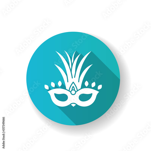 Masquerade mask blue flat design long shadow glyph icon. Traditional headwear with palm leaves. Ethnic festival. National holiday parade. Silhouette RGB color illustration