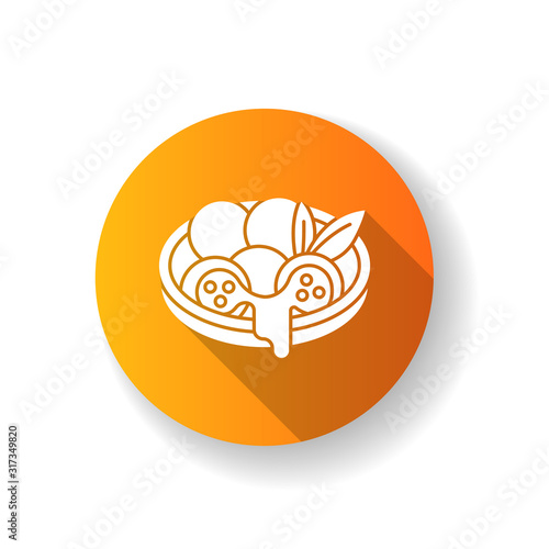 Cheese bread orange flat design long shadow glyph icon. Arancini. Pão de queijo. Brazilian traditional food. National cuisine. Bakery product in plate. Brazil meal. Silhouette RGB color illustration