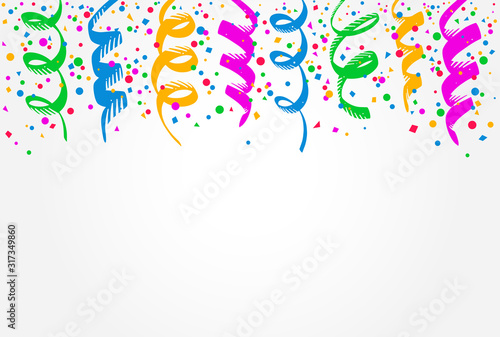 White background with colorful streamers hanging on top