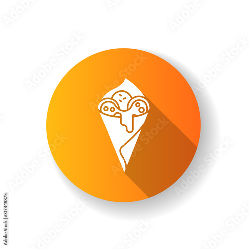 Сheese bread orange flat design long shadow glyph icon. Arancini. Pão de queijo. Brazilian traditional food. National cuisine. Bakery product in paper. Brazil meal. Silhouette RGB color illustration