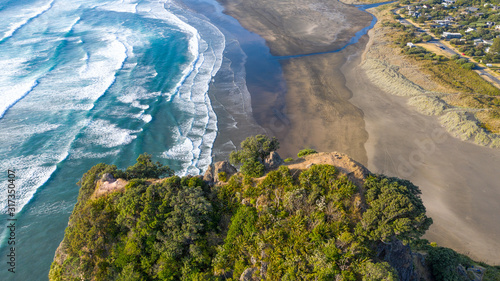 Aerial View Beach, Ocean and Rock of Piha, New Zealand