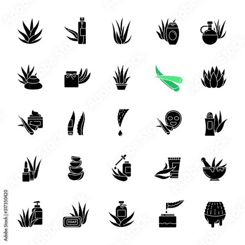 Aloe vera black glyph icons set on white space. Natural cosmetic and dermatology. Medicinal herbs. Succulent, cactus. Healthy skincare products. Silhouette symbols. Vector isolated illustration