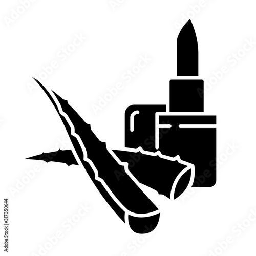 Vegan lip balm black glyph icon. Organic lipcare with aloe vera. Cosmetic product. Medicinal herbs extract. Plant based skincare. Silhouette symbol on white space. Vector isolated illustration
