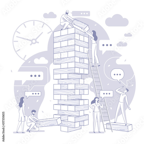 Vector flat illustration big tower jenga with group of young development specialists