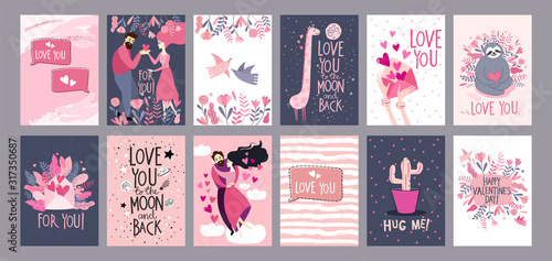 Big set of Valentine's Day card with cute cartoon cat, flowers, birds, strawb...