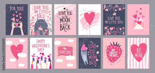 Big set of Valentine's Day card with cute cartoon cat, flowers, birds, strawb...