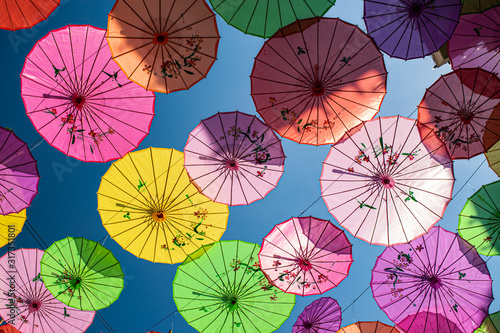 Colorful umbrellas shading one of the streets in downtown Georgetown  Penang  Malaysia.