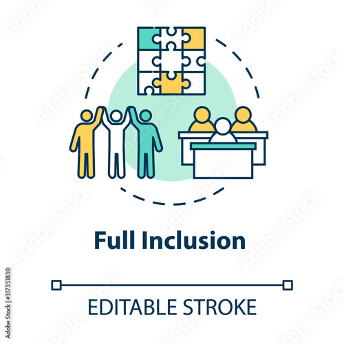 Full inclusion concept icon. Student group dynamics. Diverse community. Positive support. Inclusive education idea thin line illustration. Vector isolated outline RGB color drawing. Editable stroke