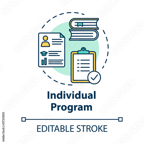 Individual program concept icon. Academic studying. Documents and books. School project. Inclusive education idea thin line illustration. Vector isolated outline RGB color drawing. Editable stroke