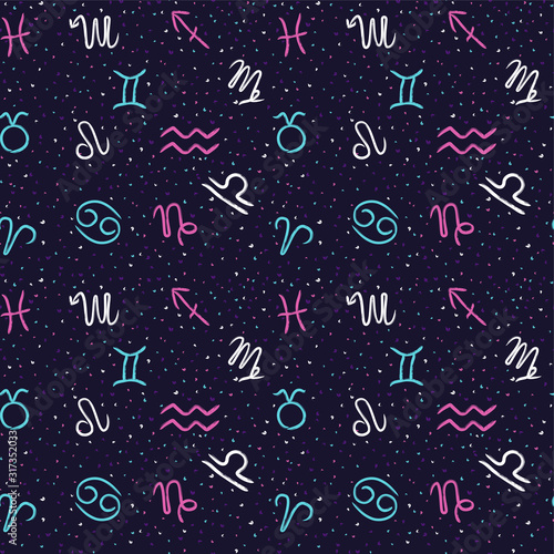 Seamless pattern with zodiac signs on the starry blue sky