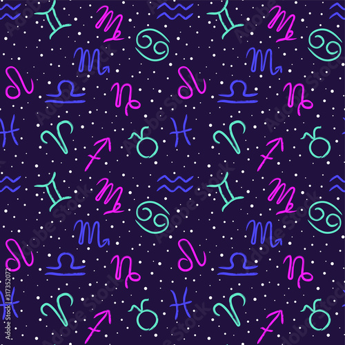 Seamless pattern with zodiac signs on the starry blue sky