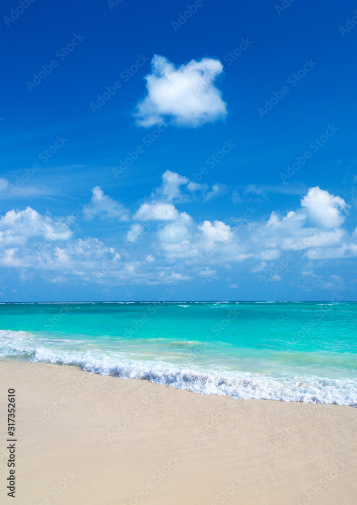 Sea and blue sky. Blue sea water and  sky with white fluffy clouds. Horizontal background of blue sea. Tropical landscape