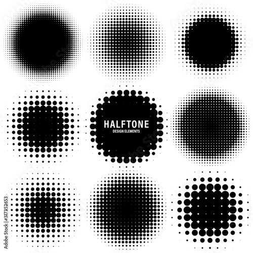 Circle halftone design elements with black dots isolated on white background. Comic dotted pattern.Vector illustration.