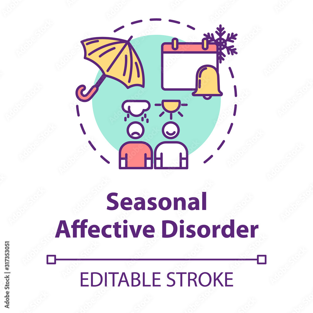 Fototapeta premium Seasonal affective disorder concept icon. SAD depression. Dependence of mood on weather. Mental health idea thin line illustration. Vector isolated outline RGB color drawing. Editable stroke
