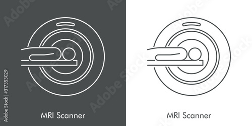 MRI Scanner. Icono plano lineal en fondo gris y fondo blanco