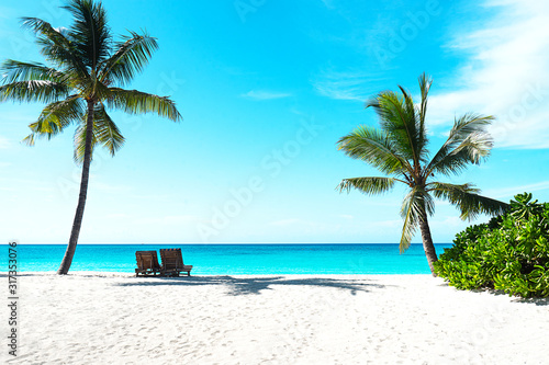 Panoramic view of a beautiful sunny day on sandy beach on exotic island. © IrynaV