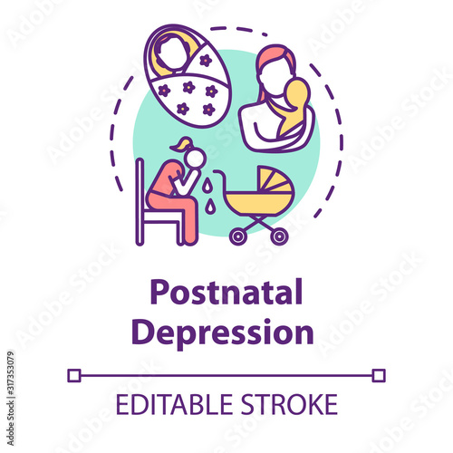 Postnatal depression concept icon. Postpartum depression. PPD. Stressed young mother. Mood disorder idea thin line illustration. Vector isolated outline RGB color drawing. Editable stroke