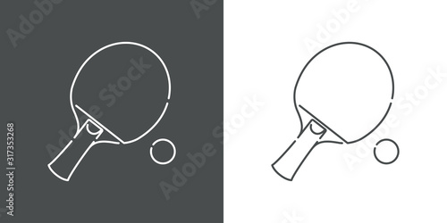Icono plano lineal raqueta tenis mesa en fondo gris y fondo blanco