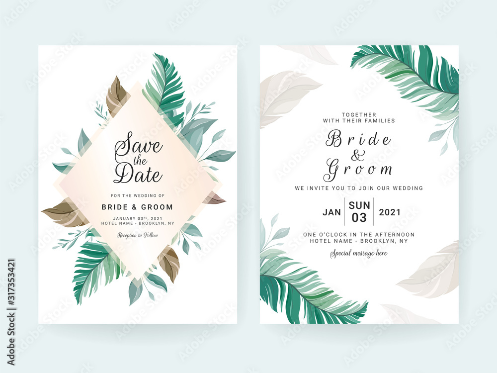 Set of cards with floral decoration. Greenery wedding invitation template design of tropical leaves. Botanic illustration for save the date, event, cover, poster vector