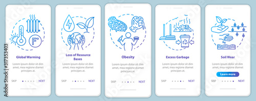 Overconsumption onboarding mobile app page screen with concepts. Global warming, soil wear. Consumerism walkthrough 5 steps graphic instructions. UI vector template with RGB color illustrations