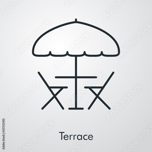Terraza de café en la calle. Icono plano lineal sombrilla con mesa y sillas en fondo gris